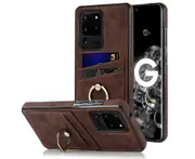 Full Protection Cover for Samsung Galaxy S20 Ultra, 2 Cards PU Leather Case with Ring Holder - Brown