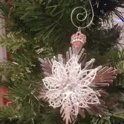 LARGE SPARKLING MOM SNOWFLAKE PINK HEART CHARM ORNAMENT DELUXE SPIRAL HOOK
