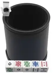 White Poker Dice w/Brighter Colors + PU Leather Dice Cup Black Felt Lined Boxed