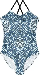 [GuoChe] Girls 1 Piecing Swimsuits Merry Christmas Ethnic Blue Girls Bathing Suits Swim Suit for Girls Girls' Swimwear