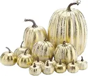 Simulated Golden Pumpkin Set - Assorted Faux Harvest Pumpkins Centerpiece | 14Pcs Halloween Table Pumpkin Centerpiece Decor, Artificial Pumpkin Halloween Ornament for Home, Garden, Patio, Yard, Hotel