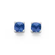 9ct White Gold Created Ceylon Sapphire 5mm Cushion Cut Studs in Blue