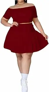 [IyMoo] Women's Plus Size Short Sleeve Crop Top with High Waist Pleated Skirt Two Piece Outfit Dress Suit Set
