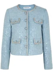 Self-portrait Sequin-embellished Bouclé Tweed Jacket - Blue - 16 (UK16 / XL) 16 (UK16 / XL)