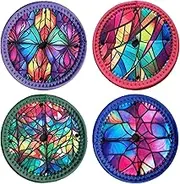 Set of 4 Themed Drink Coasters for Wine Glasses | Reusable Slip-On Stemmed Glass Coasters | No More Water Rings | Stained Glass