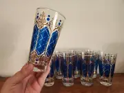 Hazel Atlas MCM Tumbler Royal Blue Fleur-de-lis Glasses Gold Set of 8 Barware
