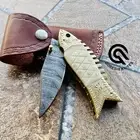 HandForged Damascus Steel Fish Folding Knife Pocket Knife With Leather Cover