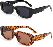 [BERRYLION] 2 Pack Retro Fashion Rectangle Sunglasses Small Square Frames Sun Glasses 90s Vintage Wide Frame Eyewear for Women and Men UV 400 Protection