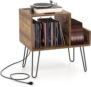 Record Player Stand w/Charging Station, Turntable Stand w/Removable Divider, Open Shelf, Sturdy Metal Legs, Mid-century Vinyl Display Shelf for Bedroom, Living Room, Office (Coffee)