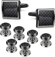 [LOYALLOOK] 8pcs Mens Carbon Fiber Cufflinks and Shirt Studs Set Tuxedo Shirts Business Wedding Silver Black Gold Tone