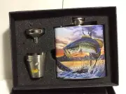 BASS FLASK/SHOT GLASS GIFT PACK New in box 4 Piece set Rivers Edge GREAT Gift
