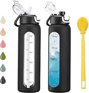 chunmo 32 oz Glass Water Bottles with 2 Lids-Handle Spout Lid & Straw Lid, 1 Liter Motivational Borosilicate Water Bottle with Time Marker and Silicone Sleeve,Leakproof-Black-1 Pack