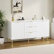 Levede Fluted Sideboard With 3 Drawers 2 Doors, Storage Cabinet, Accent Buffet Cabinet With Adjustable Shelves, Credenza Console Table Gold Handles For Entryway,Hallway,Living Room,Dining Room,Bedroom