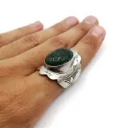 Green Jade Ring Oxidized Sterling Silver Ring Large Stone Ring Oval Ring Silver