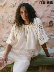 Reiss Ivory Carine Linen Embroidered Swing Top (W58940) | $365