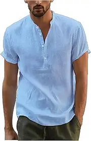[ZUXOLG] Mens Henley Shirt Short Sleeve Button Up Cotton Linen Beach Shirt Blue M