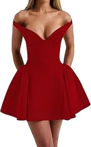 [AZHONG] Women's Summer Sexy V Neck Off Shoulder Wedding Mini Dresses Backless A Line Puffy Hem Prom Party Gown, Red, Large