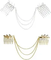 [Numblartd] 2 Pcs Women BOHO Chic Metal Leaf Chain Tassel Headband Hair Comb - Fashion Fringe Hair Clip Pins Hairpin HeadPiece Head Band Headwear Hair Accessories for Wedding Party or Everyday Wear
