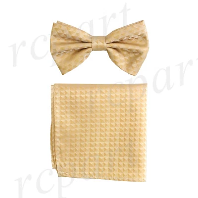 New Men's micro fiber Pre-tied Bow tie & hankie Gold checkers formal wedding