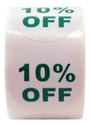 20 Rolls of "10% OFF" Discount Labels (500 labels/roll, 1.5" diameter) BPA Free!