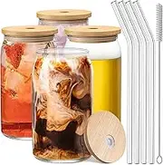 Set of 4 Glasses with Bamboo Lids and Straws, 16 oz Iced Coffee Mugs, Juice Drink Straw Mugs, Home Essential Glasses for Beer, Cocktails, Tea and Lattes