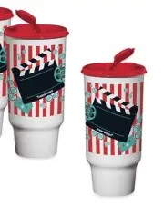 2 x Tupperware ThirstQuake 32 Ounce Tumblers Flip Top Red Seals Movie Design New