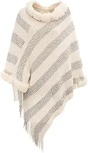 [Tngan] Women Casual Knitted Pullover Poncho Soft Faux Fur Collar Cloak Soft Striped Sweater for Home Office Street School