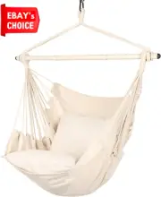 Hammock Chair Rope Swing 500Lbs 2 Cushions Steel Bar Beige