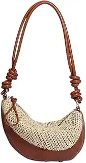 [AMWYKD] Straw Bag 2Summer Vacation Style Straw Woven Bag Saddle Bag Woven Bag Messenger Bag Crescent Bag Straw Bags, Brown, Small