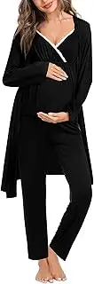 [SWOMOG] Maternity Nursing Robe Set 3 Piece Breastfeeding Pajamas 3 in 1 Labor Delivery Sleevless Tops&Long Pants Pregnancy Pjs, Black, XX-Large