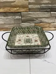 Temp-tations By Tara Old World Green 8.5” Square Baker w/Holding Rack, Trivet