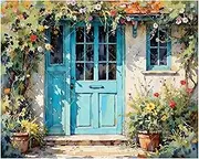 Aesthetic Paint by Numbers Kit for Adults - DIY Blue Cottage Door with Garden Flowers Painting on Canvas 16x20 Inches, Acrylic Paint Set, Suitable for Beginners,Art for Home Decoration/Gifts