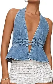 [Elyincii] Women Halter Denim Top Sexy Deep V Neck Tie Up Sleeveless Backless Jean Vest Tank Crop Tops Streetwear
