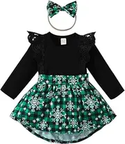 [Guodeunh] 1st Christmas Outfit Newborn Baby Girl Flutter Lace Long Sleeve Top Floral Skirt Bodysuit Xmas Dress Headband