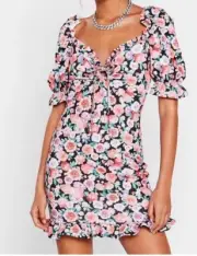 Nasty Gal Floral Mini Dress w/Balloon Sleeves, Ruffle Hem ,Fairy Cottage Core S