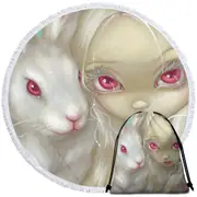 Faces of Faery #100 Beautiful Albino Girl and Bunny Round Beach Towel