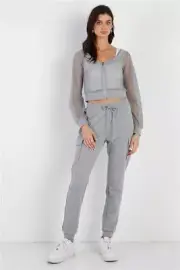 Women's Heather Grey Contrast Fishnet Zip Up Top & Pants Set (S)