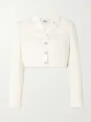 [Self-Portrait] Self-Portrait - Cropped Embellished Satin-trimmed Metallic Bouclé-tweed Blazer - White - UK 6 UK 6 White