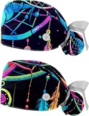 [YTYVAGT] 2-Pc,Nurse Scrub Caps,Scrub Hats with Buttons and Cotton Sweatband,Art Dreamcatcher Feather Pattern