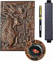 Futhark DND Notebook/Journal - 200 Pages with 3D Bronze Dragon Embossed Faux Leather Cover with Pen and Pen Holder - Ideal for Dungeons & Dragons/D&D/RPG Accessories - Great DM Gift