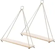 HOOTNEE 2 Pack Wooden Sling Flower Pot Storage Decor Hanging Rope Shelf for Home Office