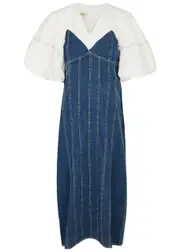 Lovebirds Panelled Cotton and Denim Midi Dress - S (UK10-12) S (UK10-12)