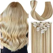 Befana Clip in Hair Extensions 16 Inch 7 Pieces 70g #18A/613A Dark Blonde Bleach Blonde Highlighting Human Hair Silky Straight Human Hair for Women Girls 16 Inch #P18A