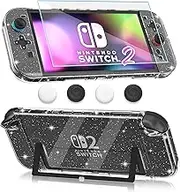 FANPL Clear Glitter Case for Nintendo Switch 2 (2025), Dockable Protective Cover for Switch 2 and Joy Con Controller with Screen Protector 4 Thumb Grip Caps - Strong and Durable, Not Easy to Fall Off
