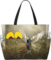 [Ghjkfbf] Grass And Dove Print Large Capacity Beach Travel Bag For Family, Beach Tote Bag For Women With Zipper Pockets, Black, One Size