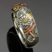 Vintage Silver and Rose Gold Color Carved Dragonfly Sunflower Ring Unique Metal