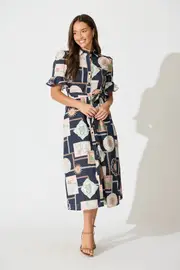 Libby Midi Shirt Dress Short Sleeve in multicolor Navy with Multi Postcard Print Cotton 8