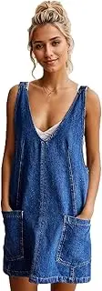 [Buxitt] Women Stretch Denim Overalls Mini Dress Adjustable Shoulder Straps High Roller Skirtall Casual Jean Romper Jumpsuit