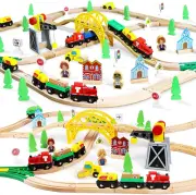 Wooden Train Set with Crane Wood Train Tracks 60Pcs Toddler Boy Toys for 3 Year
