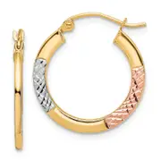 10K Yellow W/Rhodium White & Rose Rhodium D/C 2.5X20mm Hoop Earrings